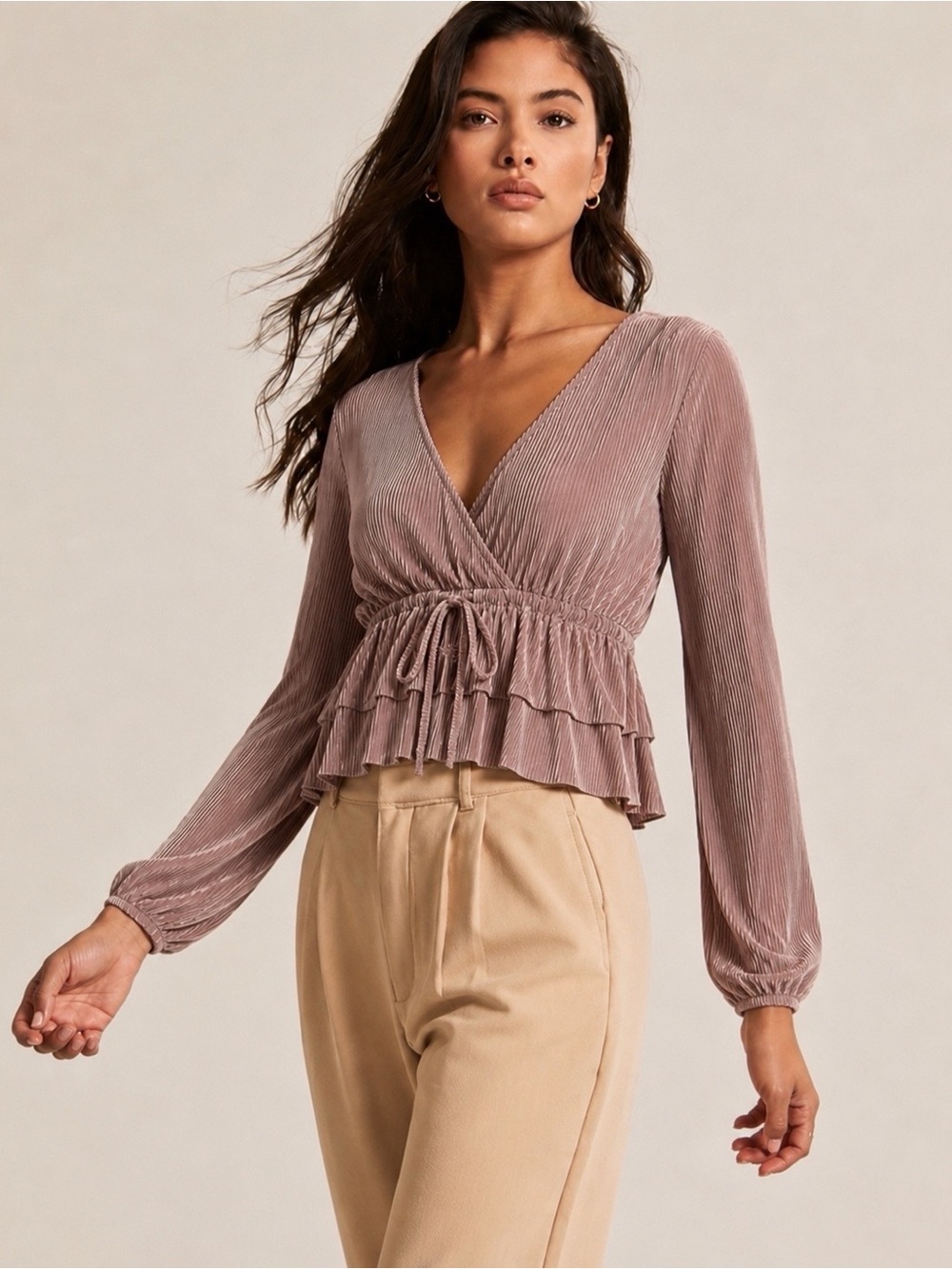 Zara Tan Blush V-Neck Smocked Pleated Gathered Top Small